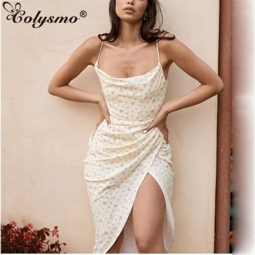 Colysmo Floral Midi Dress Ruched Print xSpaghetti Strap Sexy Split Yellow Casual Dress Summer Chic Party Dresses for Women 2021