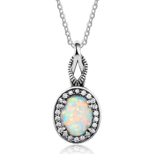 925 Sterling Silver Opal Necklace Vintage Style Cubic Zirconia Necklaces Fashion Woman Pendants Fine Jewelry Anniversary Gifts