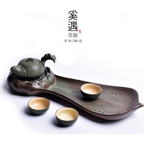 Tea tray ceramic large lotus pot bearing household retro personality dry bubble tray water storage type kung fu tea set LB30206