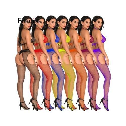 Echoine Sexy Lingerie Sets Women Rhinestone Mesh Fishnet Open Crotch Tights Pantyhose +Bras Tops Party Club Underwear Nightwear
