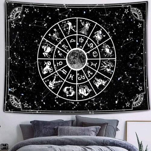 Gothic Skull Tapestry Starry Sky Moon Stars Black and White Mountain Romantic Constellation Wall Hanging Blanket Decor