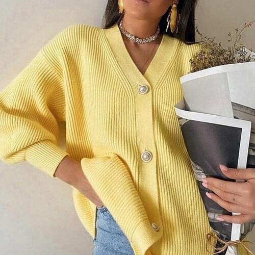 New Casual v-neck knitted kimono cardigan women Autumn winter lantern sleeve button female cardigan 2021 Streetwear sweaters