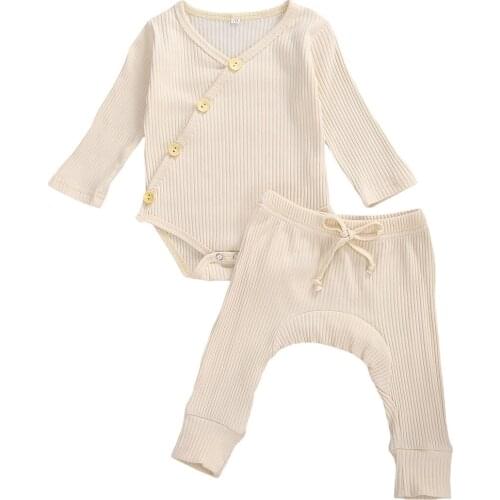 New Baby Knitting Bodysuit, Jogger Pants, V-Collar Slant Buttons Long Sleeves 2-Piece Lace-up Clothes
