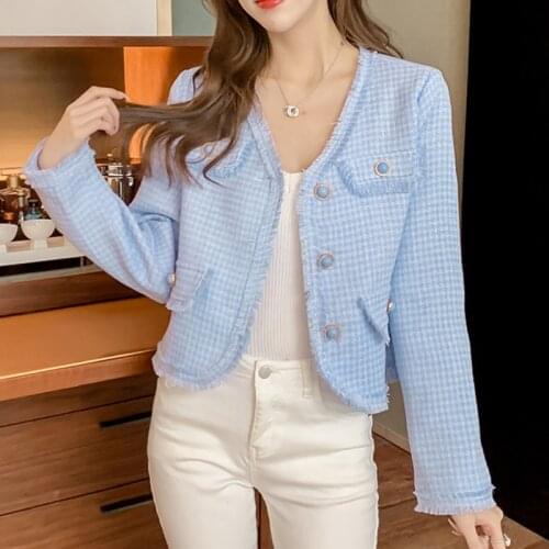 Autumn Winter Elegant Short Tweed Jacket Coat Women Korean Fashion Chic Button Vintage Chaqueta Mujer Female Outwear Crop Top