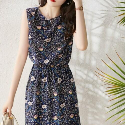 Summer beautiful Girl Dresses for Women Party 2021 Printing Sleeveless Vintage Dress Female Elegant Chiffon Shirring Floral 0931