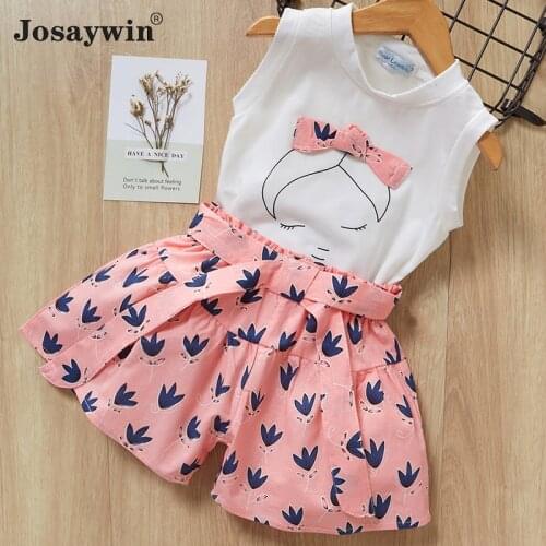Josaywin 2021 Summer Children Suits Cotton Bow Kids Girls 2 Pieces Sets Sleeveless Top+Shorts Suit Student Girl Baby Clothes Set