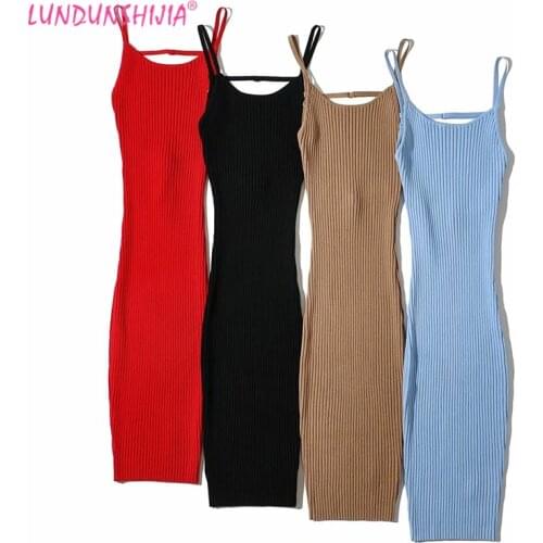 LUNDUNSHIJIA 2020 Summer Women Sexy Skinny Backless Knitting Dress Ladies Fashion Sexy Slim Suspender Dresses 4 Colors