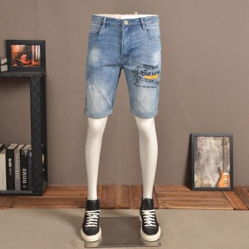 Casual Printed Ripped Denim Shorts Men Jeans 2021 Summer Blue Slim Fit Short Pants