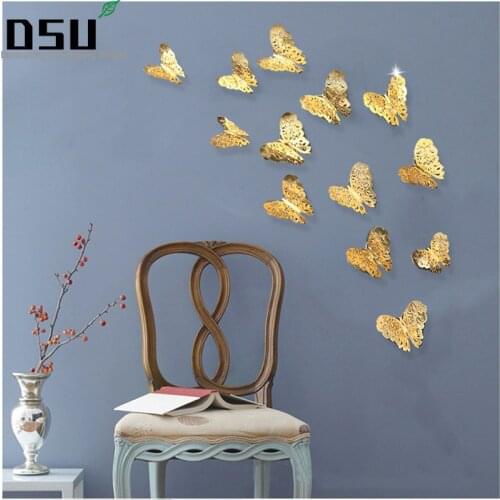 12pcs/set 3D Metallic Feel Hollow Butterflies Wall Stickers Kids Rooms Wallpaper Party Wedding Decoration Art Mural Home Decor