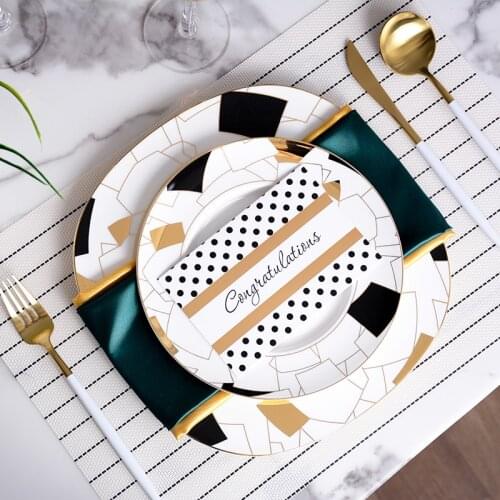Luxury Phnom Penh Bone China Dishes Plates Western Clubhouse Geometric Polygon Black Gold Block Pattern Ceramic Decor Tableware