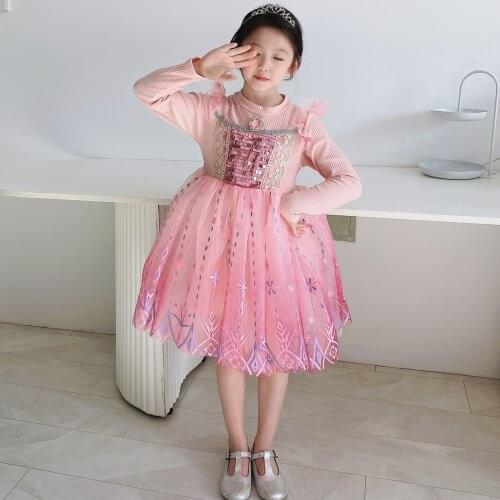 Pink Elsa Princess Birthday Party Dresses for Children Sparkly Tulle Kids Girls Queen Party Cosplay Costumes Long Sleeves Dress