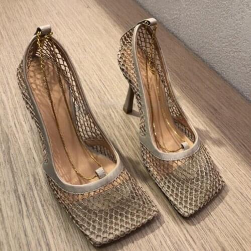 High Heels Square Head Mesh Sandals New Sexy Fishnet Hollow French Chain Single Shoes Retro High Heels Sandalias De Las Mujer