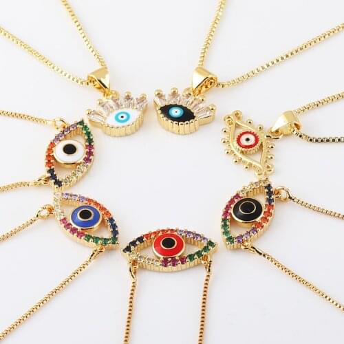 Lucky Eye Fatima Rainbow Evil Eye Pendant Necklace Copper Gold Color Box Chain Bohemian Choker Necklace for Women Boho Jewelry
