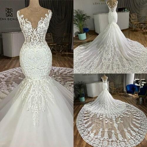 Vintage Full Lace Mermaid Wedding Dresses With Cathedral Train Sexy Jewel Neck Zipper Back Wedding Bridal Gowns Robe De Marriage