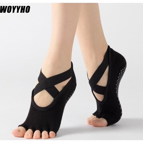 WOYYHO Women Backless Cross Strap Yoga Socks,Half-fingers Cotton Exercise Ballet Socks,Breathable Anti Slip Gym Fitness Socks