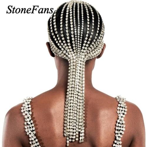 Stonefans Big Rhinestone Long Tassel Hair Chain Jewelry for Women Bling Luxury Crystal Headband Bridal Wedding Hair Jewelry Gift