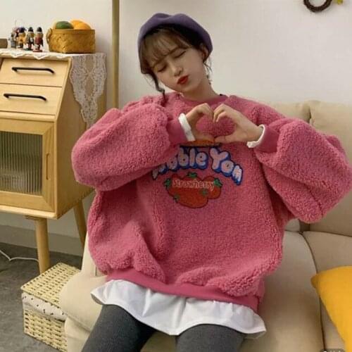 Autumn and winter loose lambhair long sleeve womens top coat oversized hoodie gothic hoodie sweatshirt kawaii womens harajuku