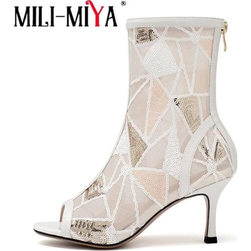 MILI-MIYA 2020 Summer Women Mesh Boots Thin High Heels Sandals Zipper Sexy Peep Toe With Geometric Pattern White Party Shoes