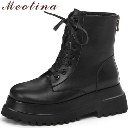 Meotina Genuine Leather Motorcycle Boots Women Shoes Platform Flats Ankle Boots Round Toe Lace Up Ladies Boots Autumn Black