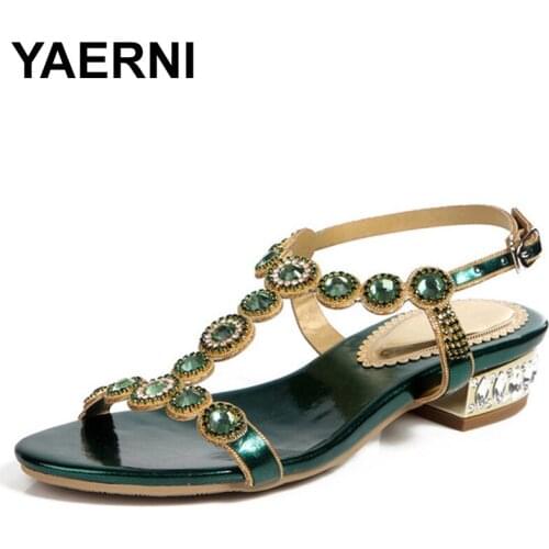 YAERNI Women Green Rhinestone Sandals T-strap Square Heel 2.5cm Low-heeled Sandals Party Shoes Back Buckle Big Size34-44
