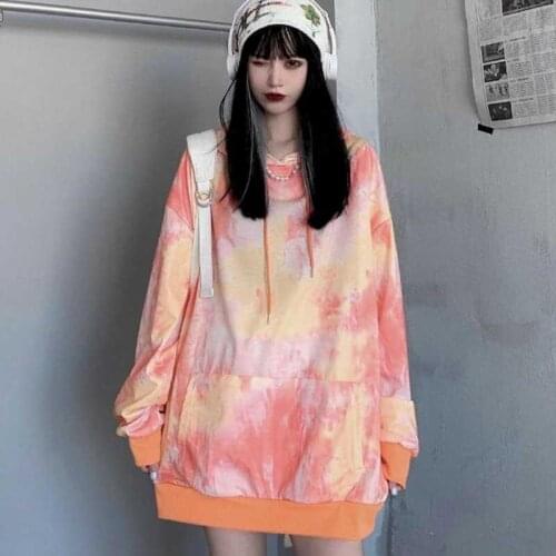 Lazy style hooded hoodies womens mid-length spring and autumn loose Korean style thin top Harajuku high street style tie-dye al