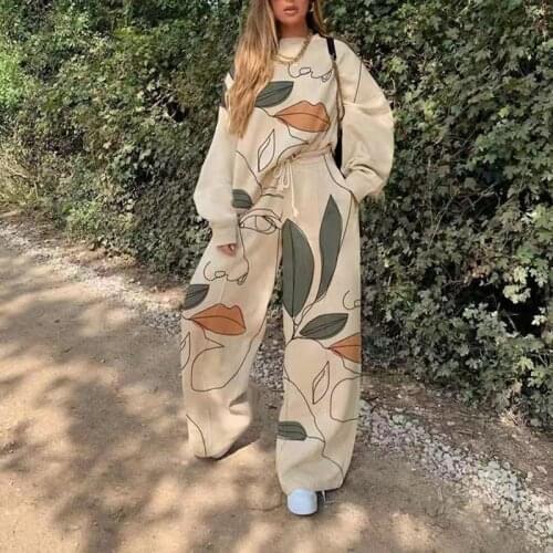 Stylish Print Tracksuit Women Two Piece Set Spring Autumn Clothes Oversized Sweatshirt Wide Leg Pants Suits Streetwear Outfits