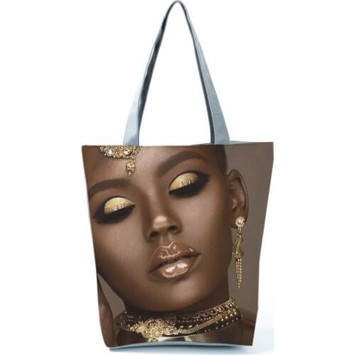 Golden Afro Woman Printed Handbags Pretty Fashion Shoulder Bag Eco Portable Shopping Bag High Capacity Beach Bag Practical Tote