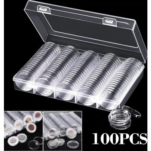 100pcs 20/25/27/30mm Clear Coin Capsules Case Collector Round Coin Holder Organizer Protection Display Storage Box