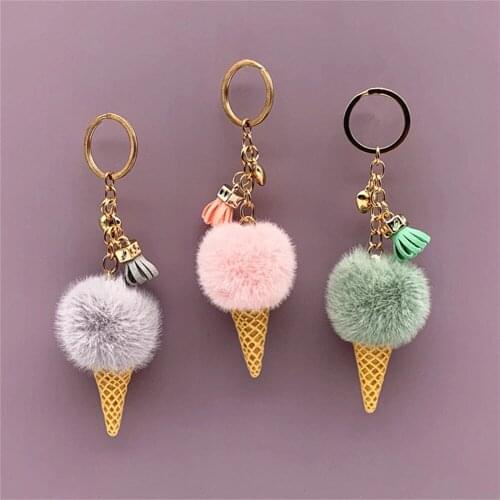 2021 New Ice Cream Pendant Keychain Cute Cartoon Keychain Plush Bags Hang Cone Car Key Chain Ring Creative Gift Key Accessories