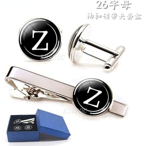 26 English alphabet cufflinks gift box A-Z name abbreviation mens formal suit business tie clip jewelry gift