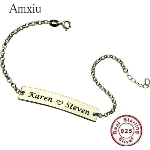 Amxiu Real 925 Sterling Silver Bracelet Engrave Two Names Bracelets For Women Men Jewelry Personalized Gift ID Tags Accessories