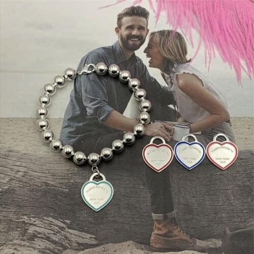 Womens Fashion Enamel Border Heart 8mm Round Bead Bracelet S925 Sterling Silver Original Brand Jewelry Valentines Day Gift