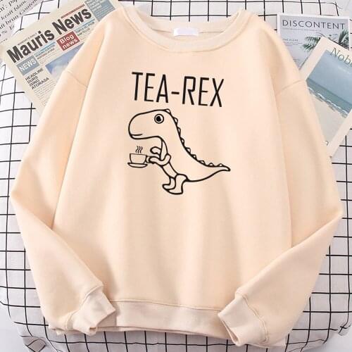 Tea Rex Funny Dinosaur Drink Coffee Print Hoodie Womens Korean Fit Hoody Simple Oversize Sweatshirt Street fur-liner Clothes Men