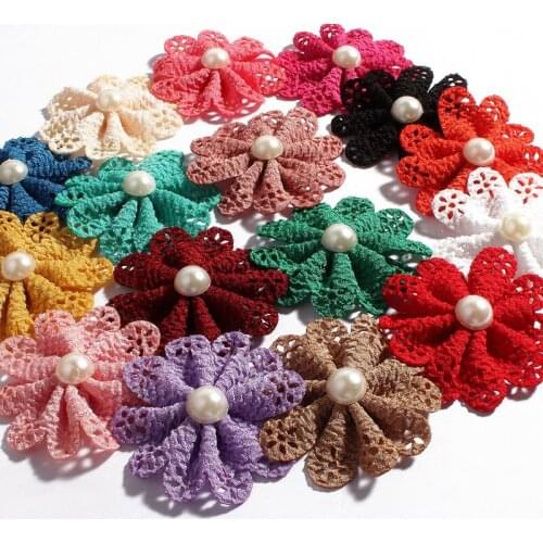 120pcs/lot 5.5cm 16colors Newborn Hair Flower Accessories With Pearl For Wedding Artificial Fabric Flowers For Kids Headbands