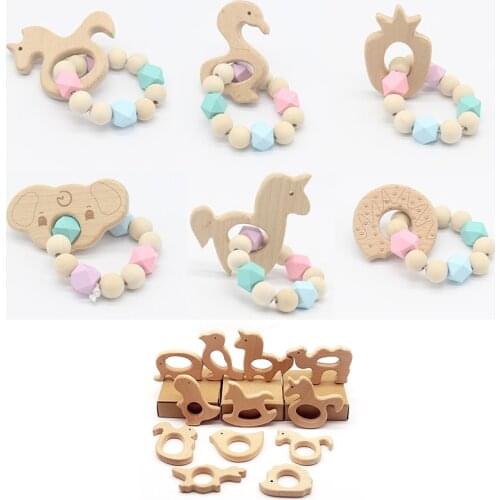 Wood Baby Rodent Teether Bracelet Animal Shaped Teething Ring for Baby Organic Silicone Beads Baby Stroller Accessories Chewable