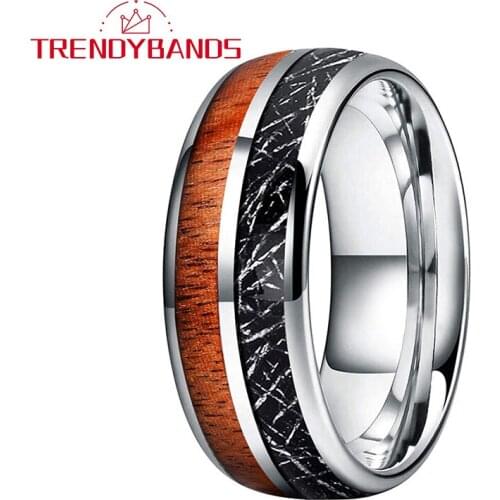8MM Wood And Black Meteorite Inlay Tungsten Ring For Men Women Wedding Band Domed Polished Shiny Comfort Fit