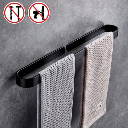 Punch-Free Towel Holder Bathroom Towels Hanger Black Aluminum Wall Hanging Towel Rack Kitchen Storage Shelf Bathroom Accessories