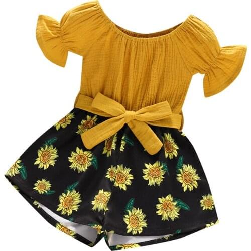 2021 Girl’s Sunflower Romper Summer Short Sleeve Jumpsuit Print Stitching Bandage Short Pants Kids Playsuit Children Costume