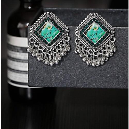 Ethnic Womens Silver Color Square Alloy Gypsy Jhumka Earrings Vintage Boho Tribe Pearl Tassel Drop Earrings Jewelry серьги