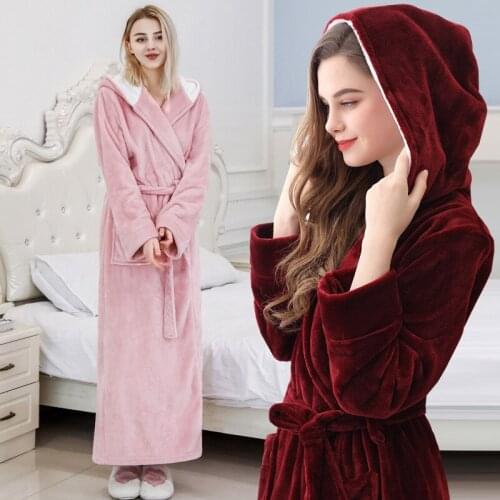 Casual Kimono Bathrobe Gown Couple Hooded Coral Fleece Robe Winter Warm Nightdress Nightwear Loose Homewear Lovers Sleepwear