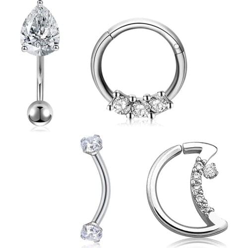 JFORYOU 4Pcs 16G Rook Earrings Surgical Steel Moon Shaped Closure Ring Segment Clicker Ring with Zircon Curved Bar Barbell