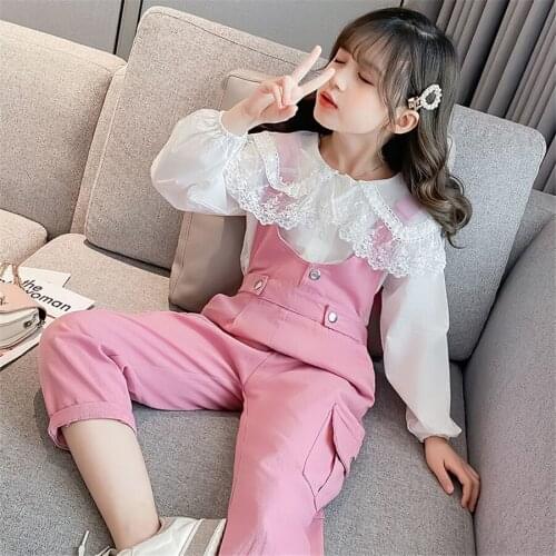 Girls Clothing Sets Spring New Big Girl Two Piece Sets White Shirt And Jumpsuits Kids Fall Suits For 4-13Year