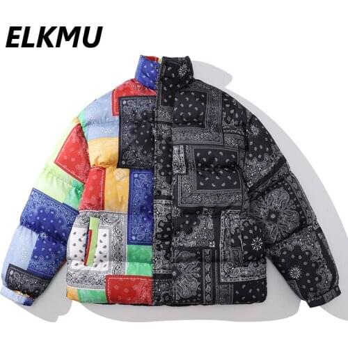 ELKMU Bandana Paisley Pattern Patchwork Padded Jacket Men Coats Winter Parkas Streetwear Fashion Harajuku Parkas Male HM645