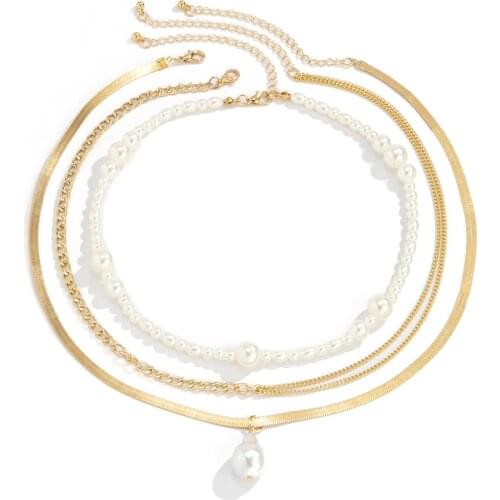 Punk Style Multilayer Link Chain Gold Necklace Set Big White Baroque Pearl Flat Chain Choker Clavicle Necklace for Women Party