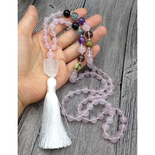 YA2590 Rough Quartz Charm Tassel 7 Chakra Stone Rose Pink Quartz Beads Knot Handmade Necklace 30inch long