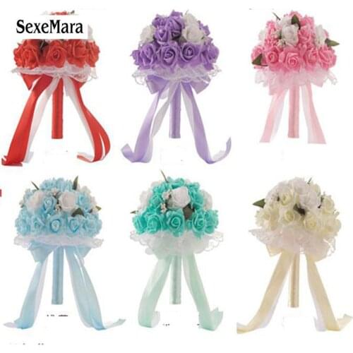 Small daisy Bridesmaid Wedding Silk flowers Rose Bridal bouquet Ribbon Fake Wedding bouquet de noiva 5color