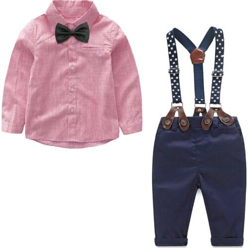 Toddler Autumn Winter Kids Baby Boy cotton long sleeved Plaid shirt Bib Pant 2PCS Gentleman Suit 1 2 3 4 years old Kids Clothing