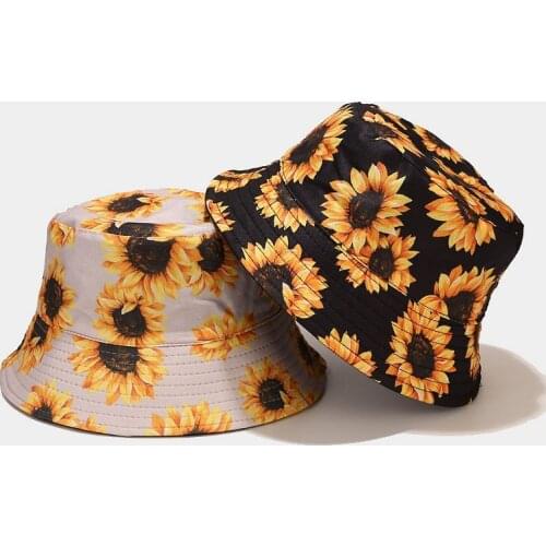 New Double-side Harajuku Bucket Hat Fishing Outdoor Cap Women Bucket Fishing Hats Sunscreen Sunflower Embroidery Fisherman Hat