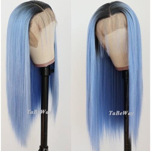 TaBeWay Lace Front Wigs Ombre Blue Color Long Straight Hair Wig Heat Resistant Glueless Synthetic Lace Front Wig for Black Women