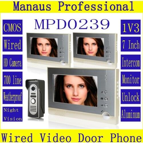 Professional 7Inch Wired Video Door Phone Door bell for Home Security IR Camera,One to Three Video Doorphone Doorbell D239a